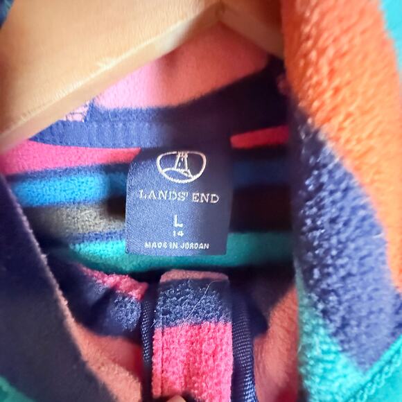 Lands End Fleece Rainbow Stripe Jacket Zip Up Hood L Large 14 Girls - Picture 4 of 8